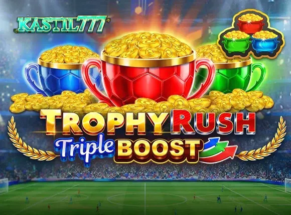 Tampilan layar permainan slot Trophy Rush Triple Boost dengan simbol koin emas dan latar belakang arena.